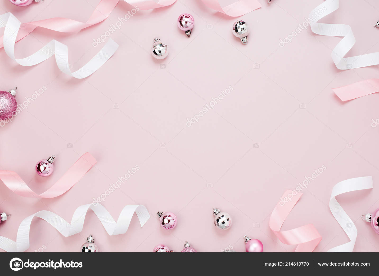 Frame Christmas Baubles Ribbons Pastel Pink Background Stock Photo by  ©Igishevamaria 214819770